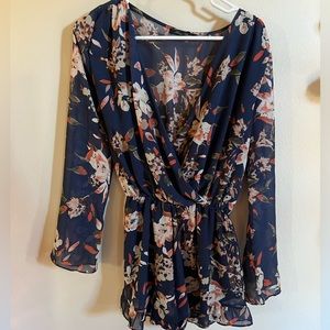 Honey Punch Floral Romper with Bell Sleeve and Ruffle Short - Small